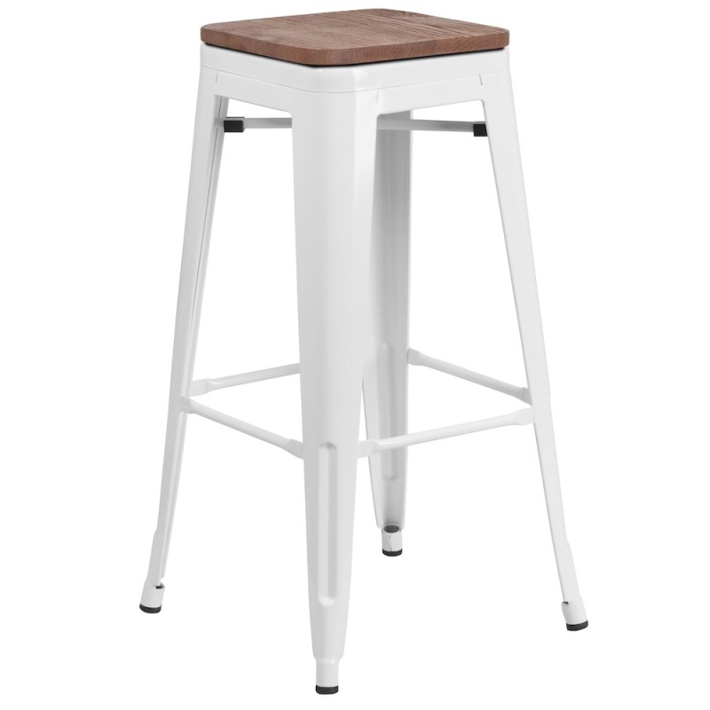 30" High Backless White Metal Barstool With Square Wood Seat