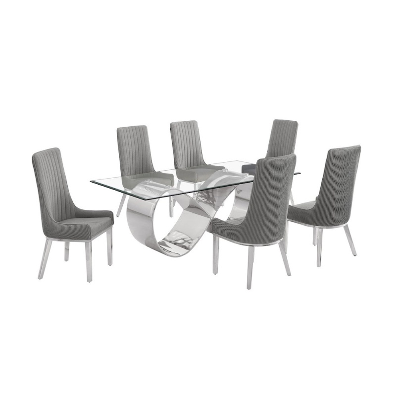 7Pc Tempered Glass Dining Set with 6 Rich Gray Boucle Side Chairs