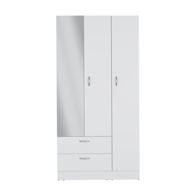 Twardrobe With 3 Doors, One Mirror, Two Drawers, Four Shelves,White