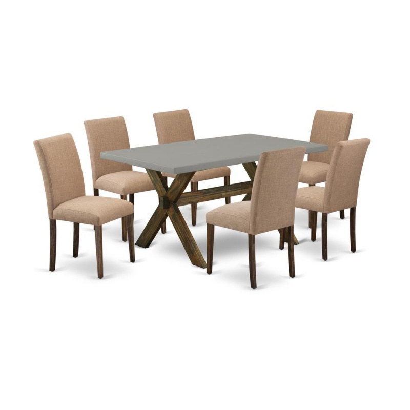 East-West Furniture 7-Pc Dining Room Table Set Includes 6 Mid Century Modern Chairs With Upholstered Seat And High Back And A Rectangular Dining Room Table - Distressed Jacobean Finish