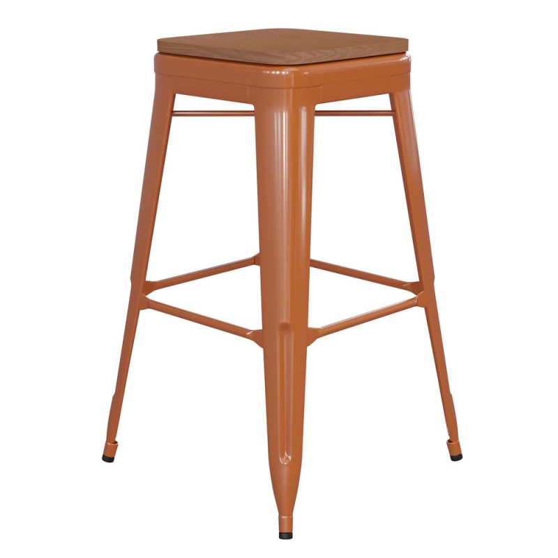 Kai Commercial Grade 30" High Backless Orange Metal Indoor-Outdoor Barstool With Square Teak Poly Resin Wood Seat