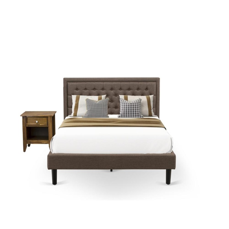 East West Furniture 2-Piece Queen Bed Set with Brown Headboard and Wood Nightstand