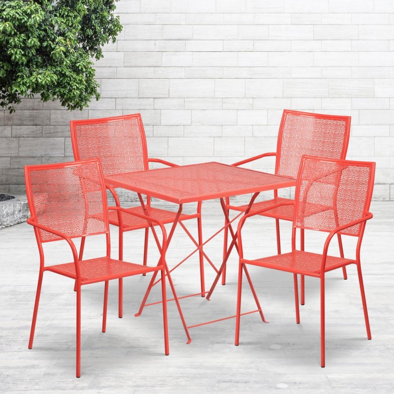 Commercial Grade 28" Square Coral Indoor-Outdoor Steel Folding Patio Table Set With 4 Square Back Chairs
