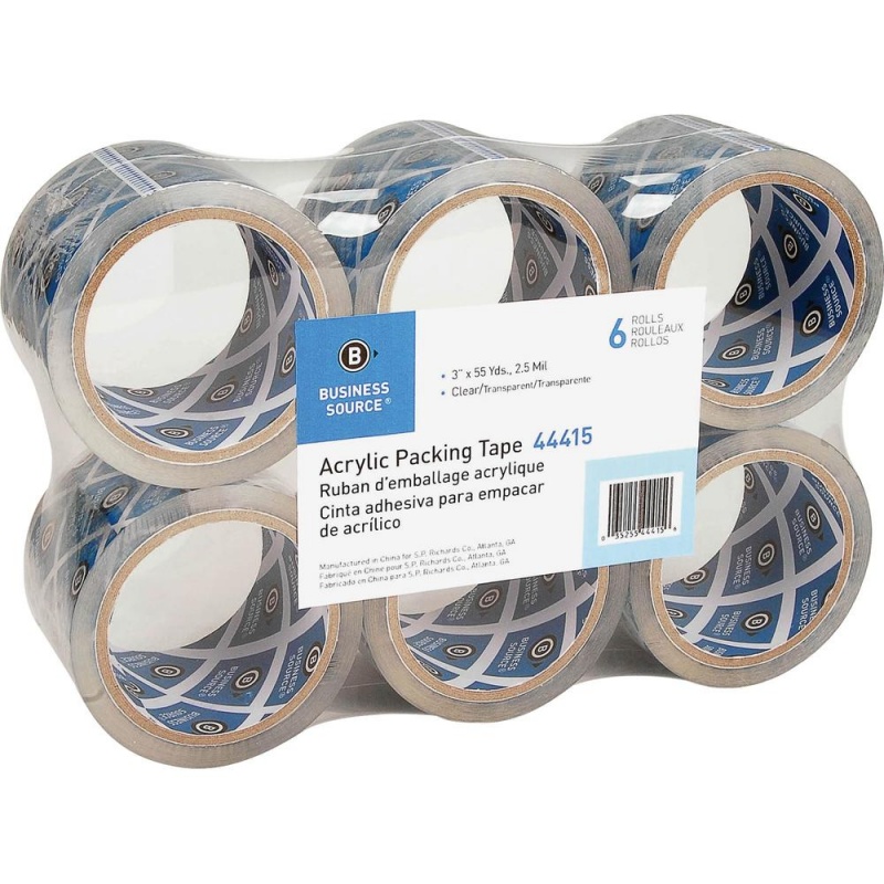 Business Source Acrylic Packing Tape - 55 Yd Length X 3" Width - 2.5 Mil Thickness - 3" Core - Pressure-Sensitive Poly - Acrylic Backing - For Mailing, Shipping, Storing - 6 / Pack - Clear