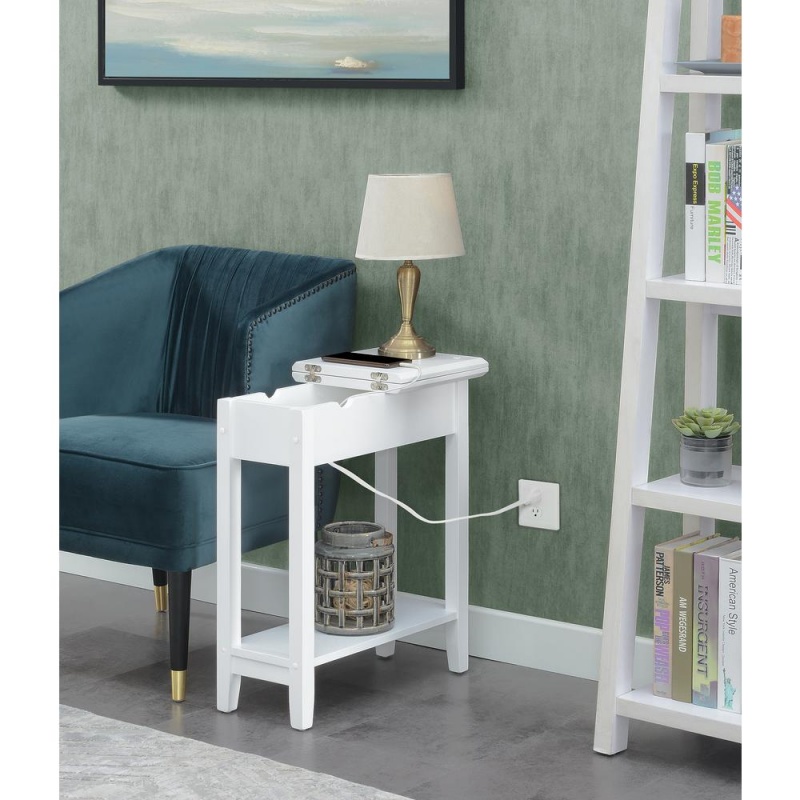 American Heritage Flip Top End Table With Charging Station, White