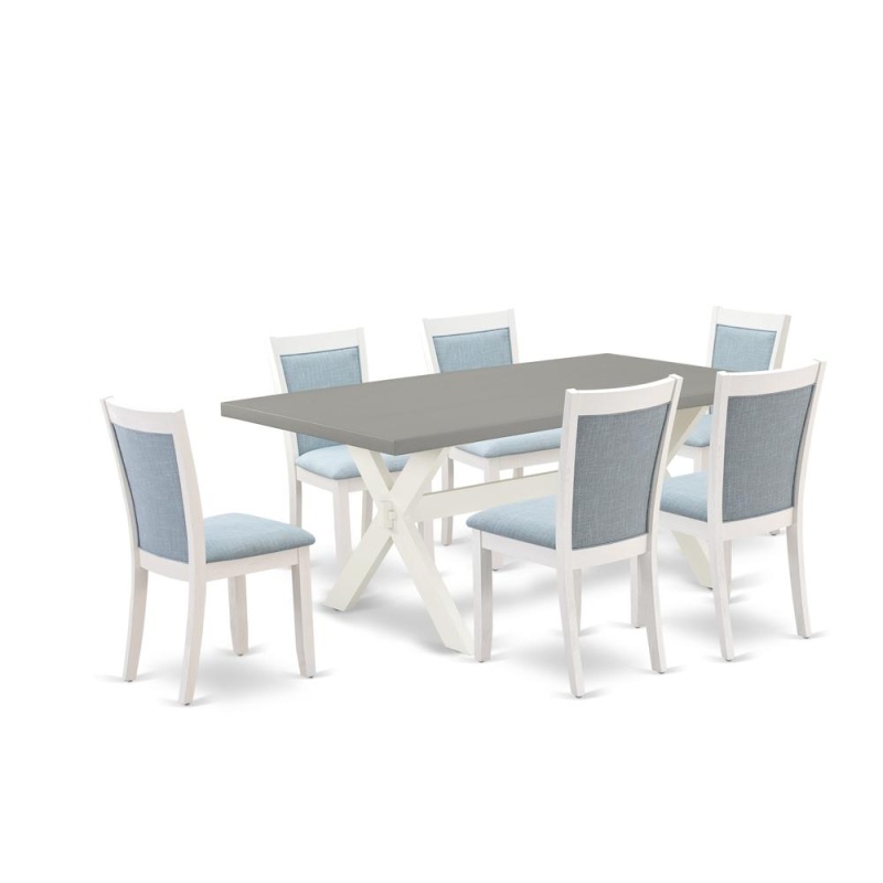 East West Furniture 7-Pc Table Set Consists Of A Mid Century Table And 6 Baby Blue Linen Fabric Upholstered Chairs With Stylish Back - Wire Brushed Linen White Finish