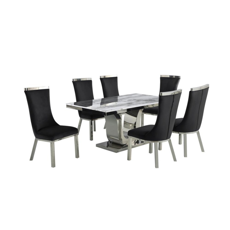 7Pc Dining Set- Recatngle Marble Table With A U Shape Base And 6 Side Chairs In Black