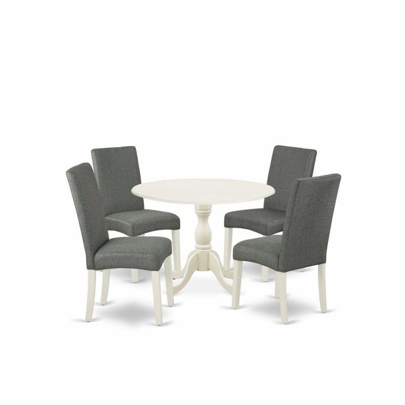 East West Furniture Dmdr5-Lwh-07 5 Piece Dining Table Set Consists Of 1 Drop Leaves Wooden Table And 4 Grey Linen Fabric Dining Room Chairs With High Back - Linen White Finish