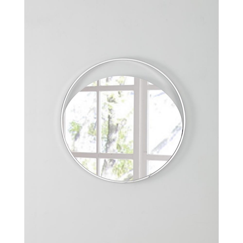 Ariel Medium Round Mirror In Matte White. Polished Stainless Steel Frame
