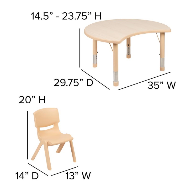 25.125"W X 35.5"L Crescent Natural Plastic Height Adjustable Activity Table Set With 2 Chairs