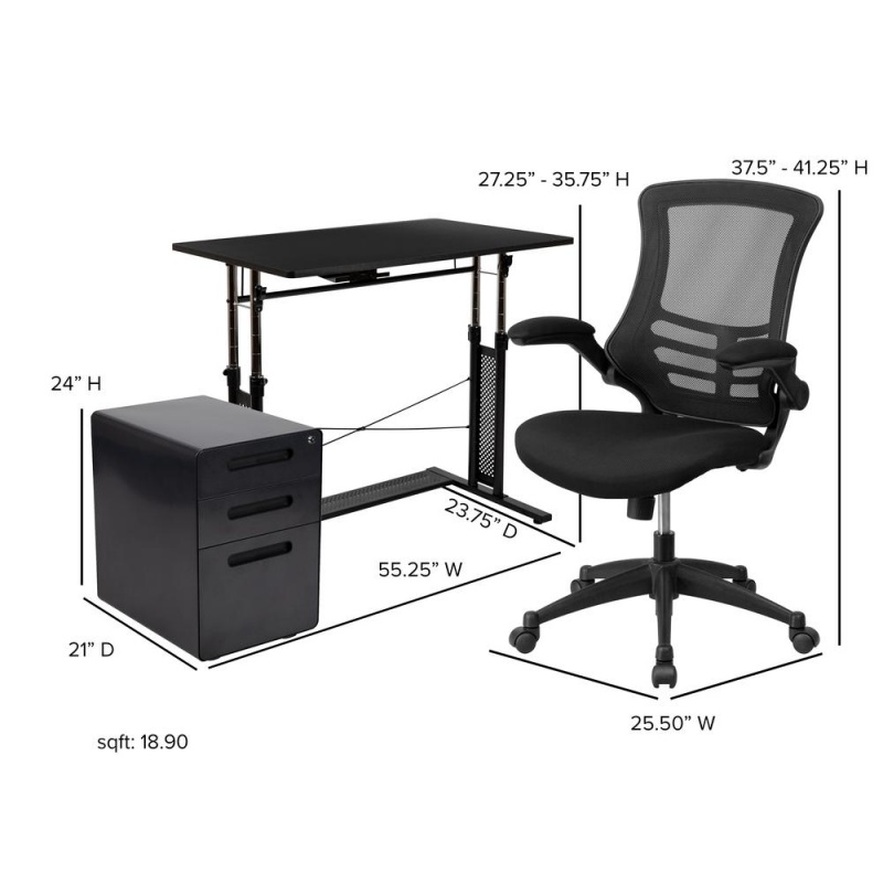 Work From Home Kit - Adjustable Computer Desk, Ergonomic Mesh Office Chair And Locking Mobile Filing Cabinet With Inset Handles