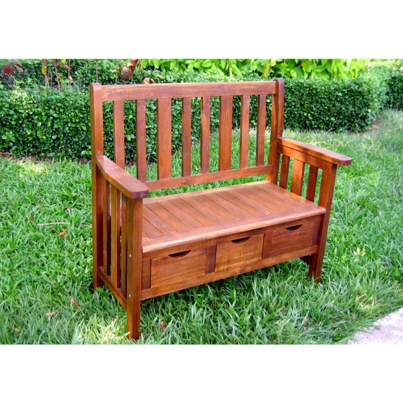 3-Drawer Acacia Bench W/Arms
