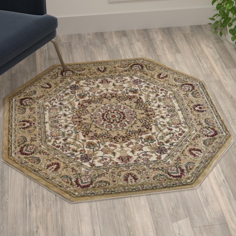 Mersin Collection Persian Style 4X4 Ivory Octagon Area Rug-Olefin Rug With Jute Backing-Hallway, Entryway, Bedroom, Living Room
