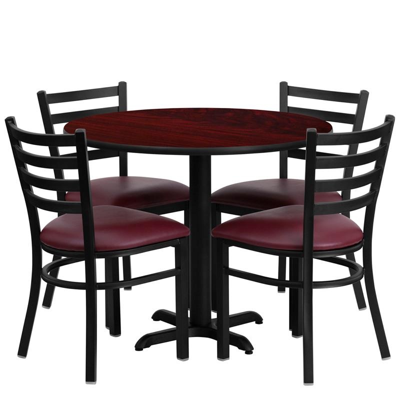 36'' Mahogany Table Set With X-Base and 4 Metal Chairs
