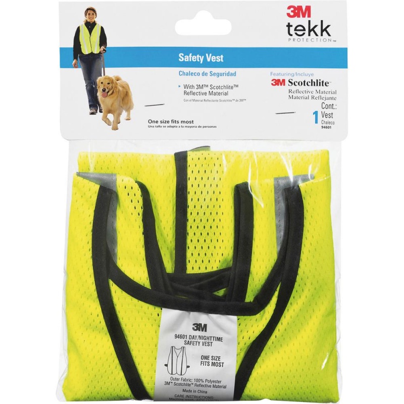 3M Reflective Safety Vest - Visibility Protection - Polyester - Yellow - Lightweight, Reflective, Adjustable Strap, Breathable, Hook & Loop Closure, Pocket - 1 Each