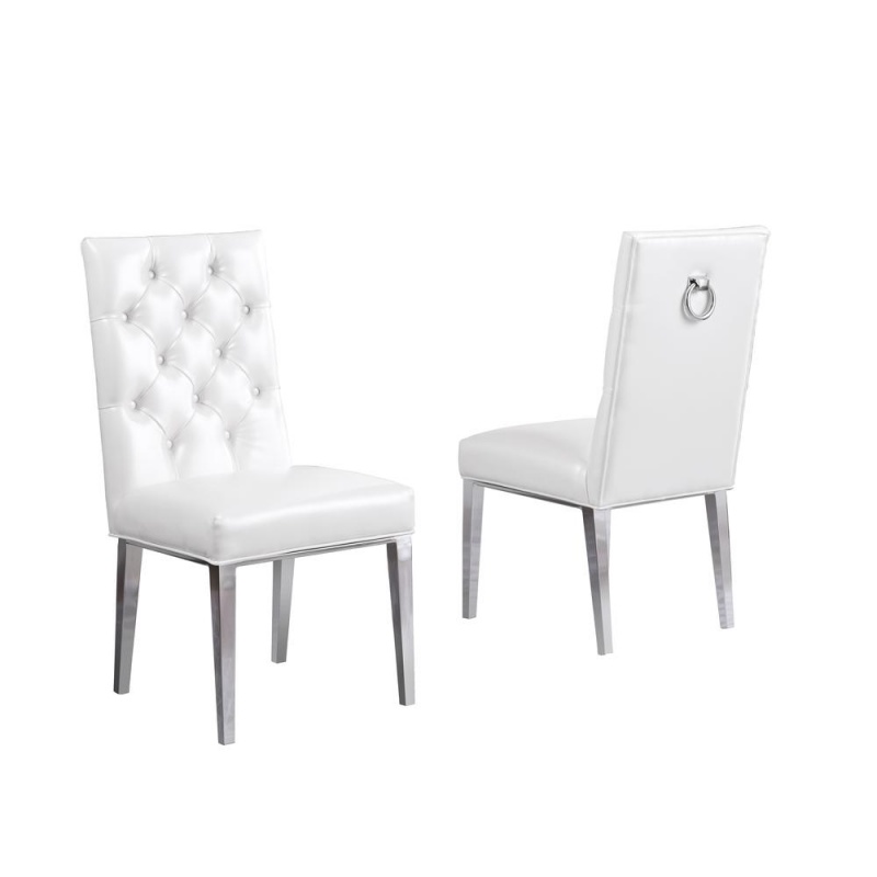 White Faux Leather Tufted Dining Side Chairs, Chrome Legs - Set Of 2