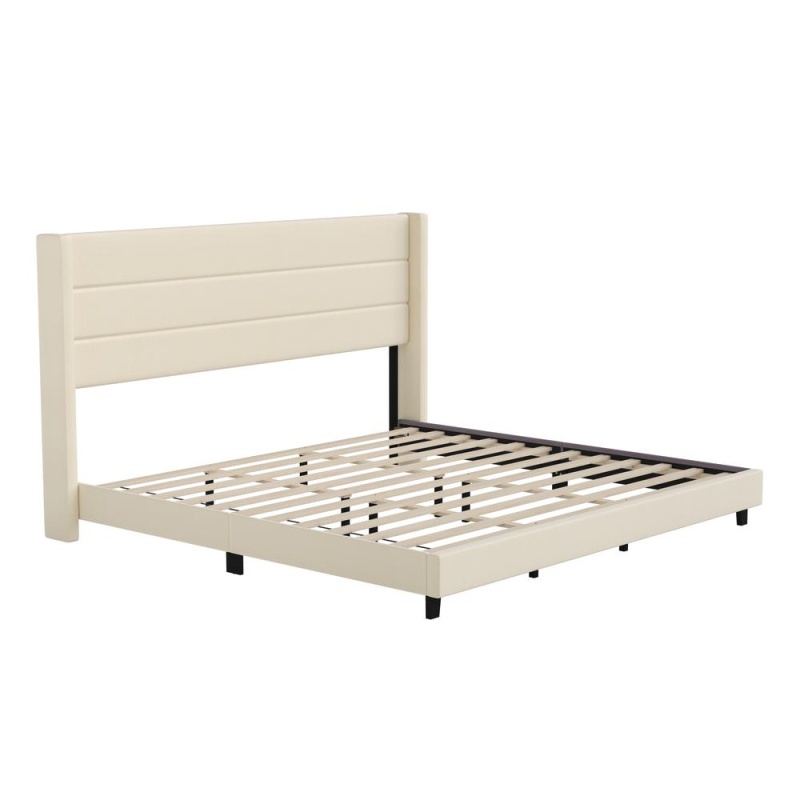 King Upholstered Platform Bed With Wingback Headboard, Beige Faux Linen
