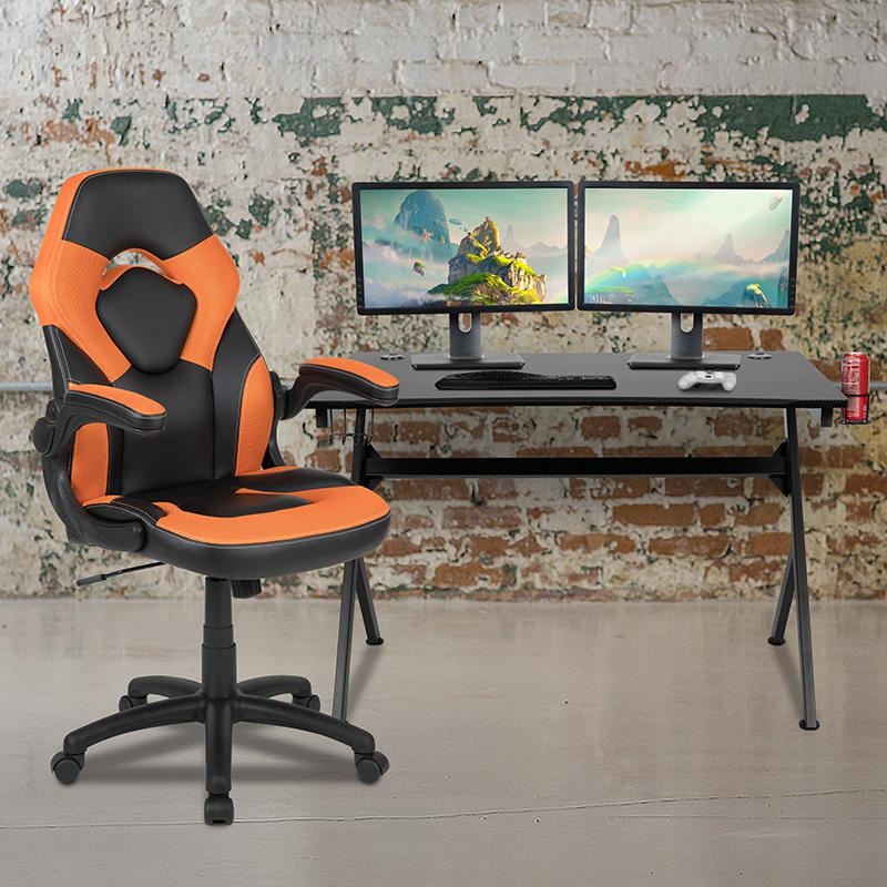 Black Gaming Desk And Orange/Black Racing Chair Set With Cup Holder, Headphone Hook & 2 Wire Management Holes
