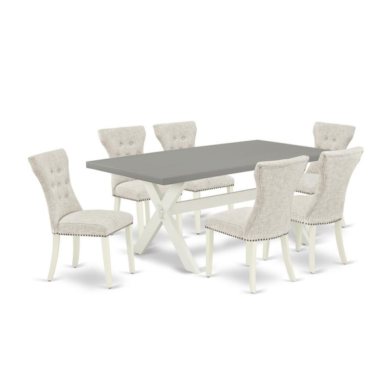 East West Furniture 7-Piece Kitchen Dining Set- 6 Dining Padded Chairs With Doeskin Linen Fabric Seat And Button Tufted Chair Back - Rectangular Table Top & Wooden Cross Legs - Cement And Linen White