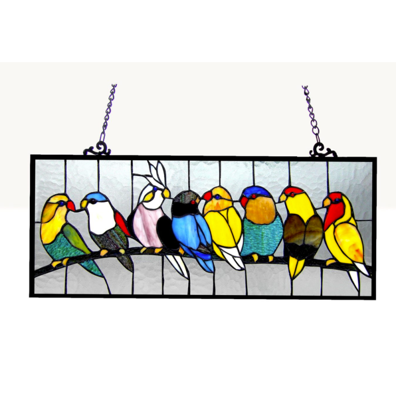 Birdies Tiffany-Glass Featuring Birds Window Panel 25.5X10.5