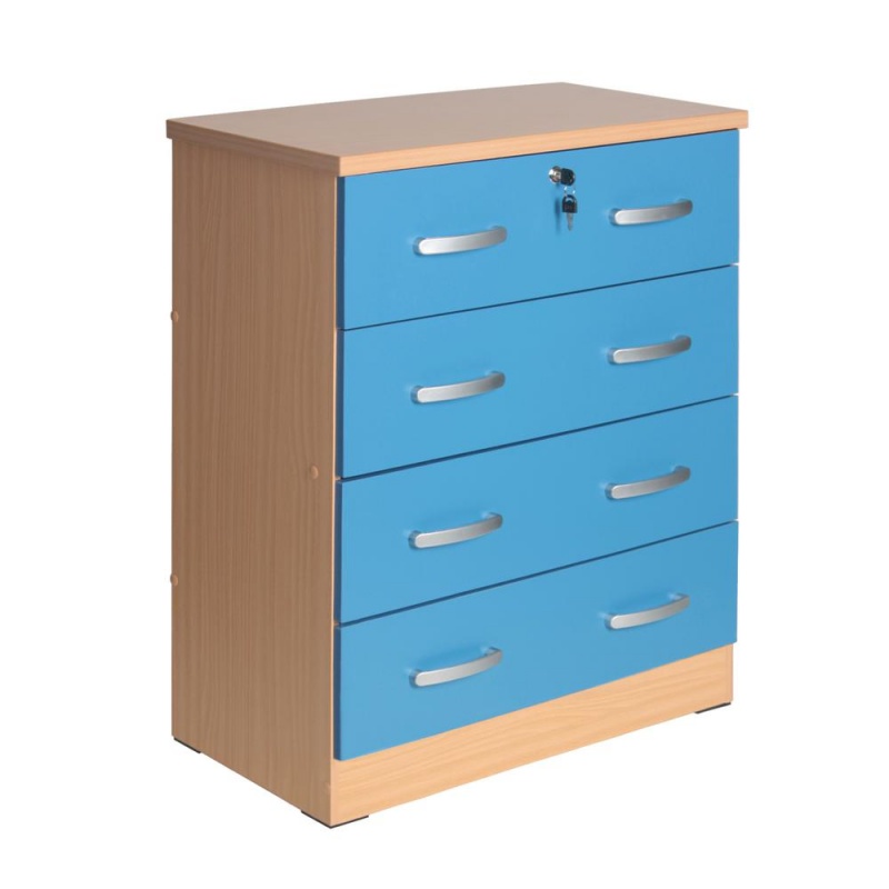 Better Home Products Cindy 4 Drawer Chest Wooden Dresser With Lock Beech & Blue