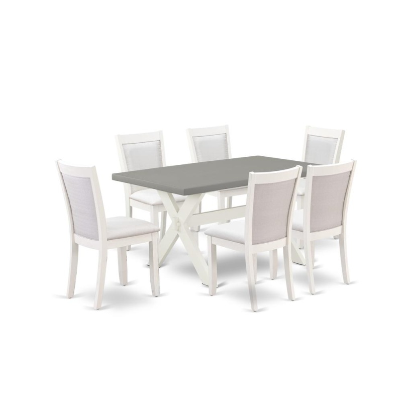 East West Furniture 7-Piece Table Set Includes A Wooden Kitchen Table And 6 Cream Linen Fabric Modern Dining Chairs With Stylish Back - Wire Brushed Linen White Finish