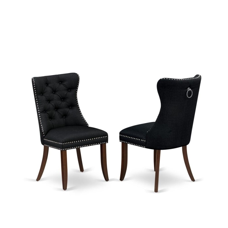 Parson Chairs - Black Linen Fabric Padded Dining Chairs, Set Of 2, Mahogany