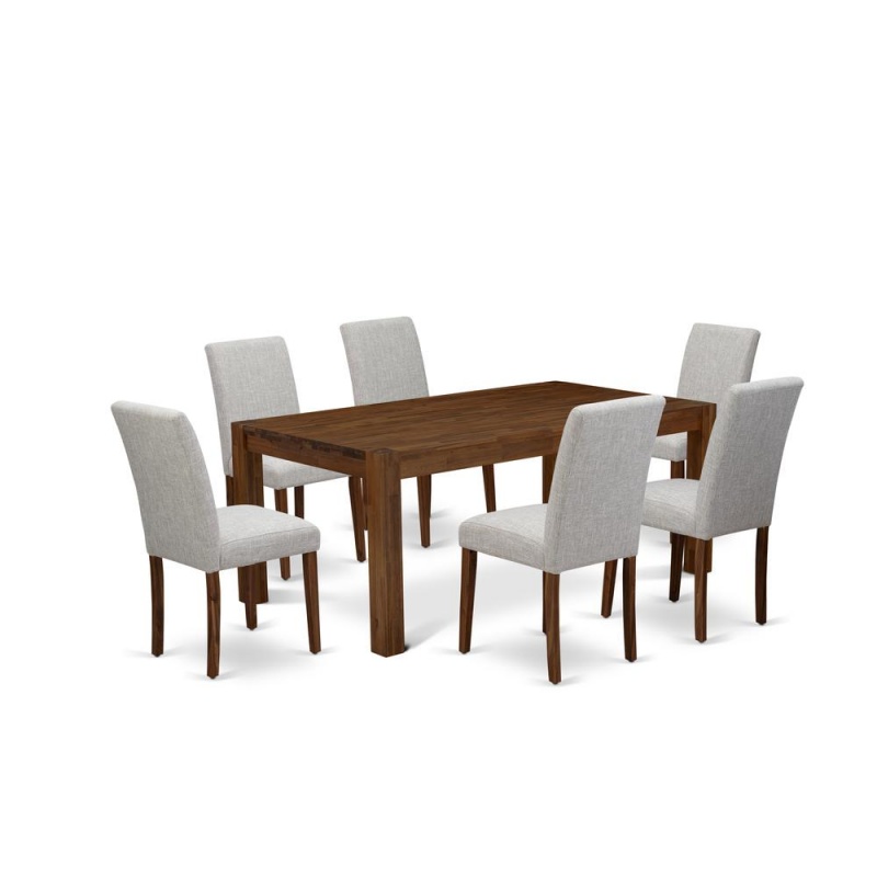 East West Furniture Lmab7-Nn-35 7Pc Dining Table Set Consists Of A Dining Room Table And 6 Parsons Dining Chairs With Doeskin Color Linen Fabric, Medium Size Table With Full Back Chairs, Sand Blasting