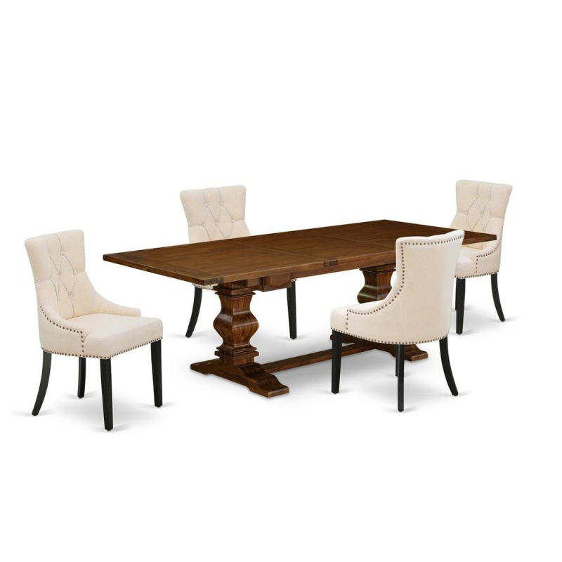 East West Furniture Lafr5-81-02 5 Piece Dining Table Set For 4 Includes A Rectangle Kitchen Table With Removable Leaf And 4 Light Beige Linen Fabric Parsons Chairs, 42X92 Inch, Walnut