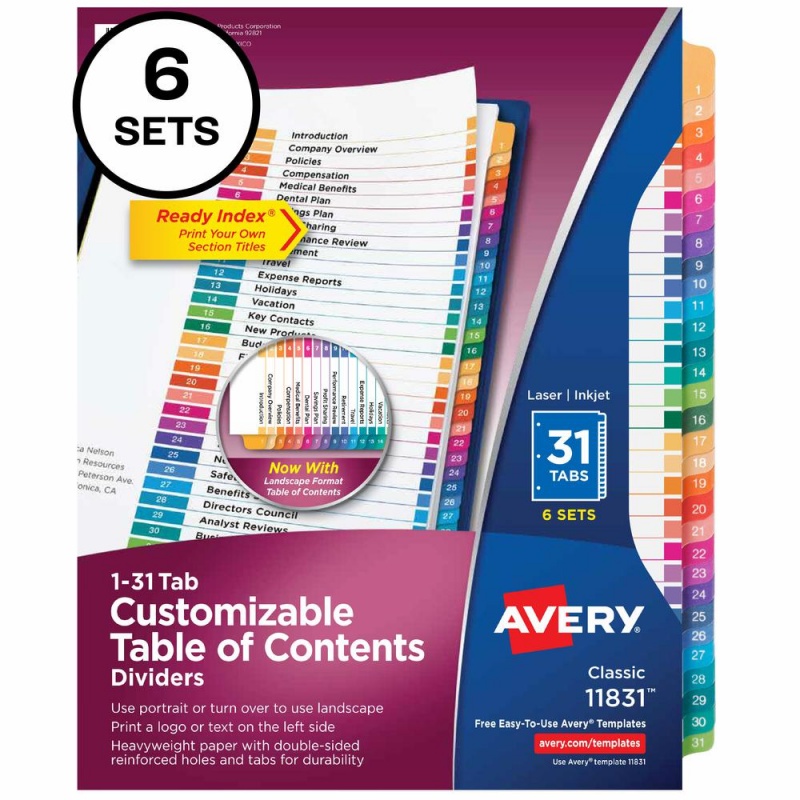 Avery® Ready Index 31 Tab Dividers, Customizable Toc, 6 Sets - 186 X Divider(S) - 1-31, Table Of Contents - 31 Tab(S)/Set - 8.5" Divider Width X 11" Divider Length - 3 Hole Punched - White Paper d