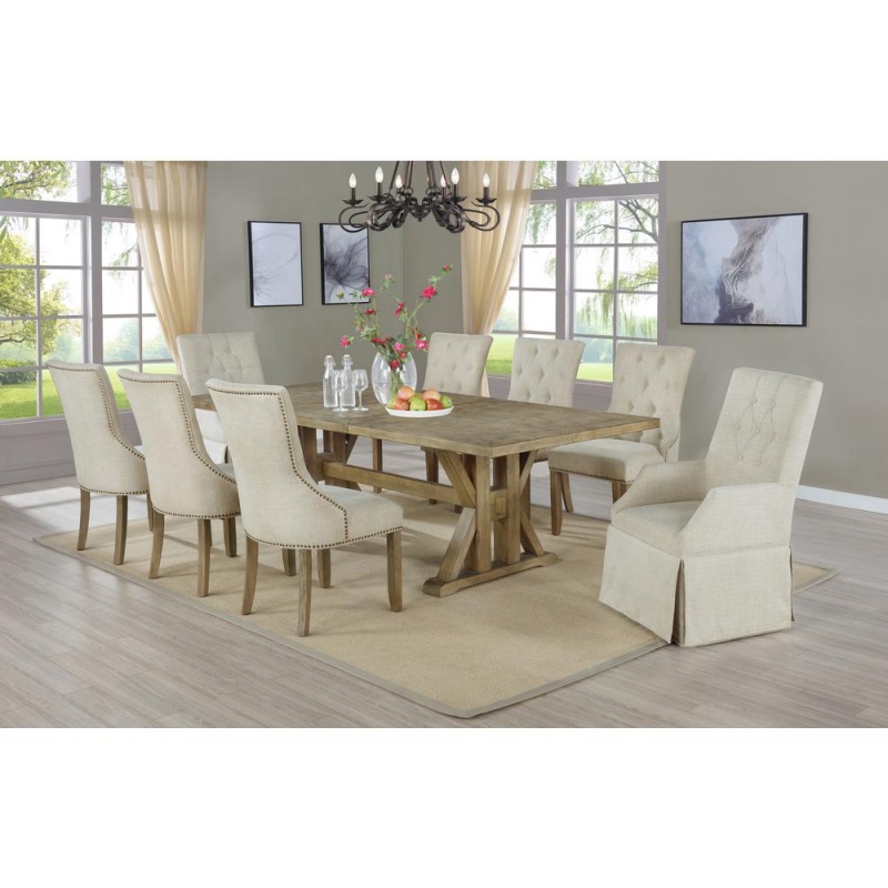 Classic 9Pc Dining Set, Arm Chairs Tufted And Side Chairs Tufted & Nailhead Trim, Extendable Dining Table W/Center 24" Leaf, Beige