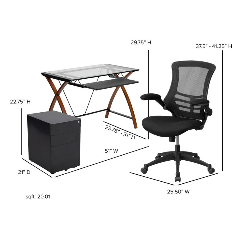 Work From Home Kit - Glass Desk With Keyboard Tray, Ergonomic Mesh Office Chair And Filing Cabinet With Lock & Side Handles