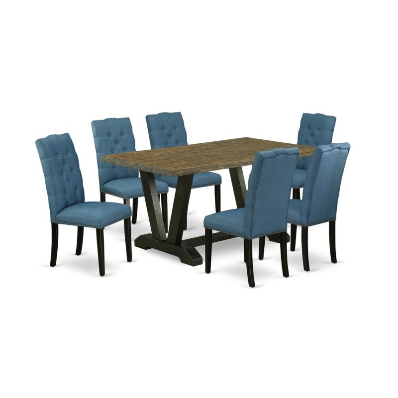 East West Furniture V676el121-7 7-Piece Fashionable Dining Set An Excellent Distressed Jacobean Wood Dining Table Top And 6 Awesome Linen Fabric Dining Room Chairs With Nail Heads And Button Tufted Ch