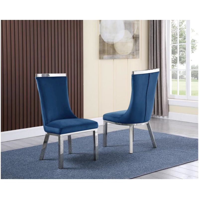 Upholstered Dining Chiars Set Of 2 In Navy Blue Velvet Fabric With Stainless Steel Base