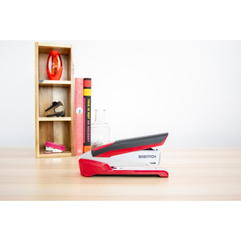 Bostitch Inpower Spring-Powered Antimicrobial Desktop Stapler - 28 Sheets Capacity - 210 Staple Capacity - Full Strip - 1/4" Staple Size - 1 Each - Silver, Red
