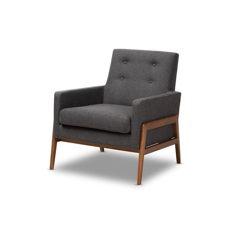 Perris Mid-Century Modern Dark Grey Fabric Upholstered Walnut Wood Lounge Chair