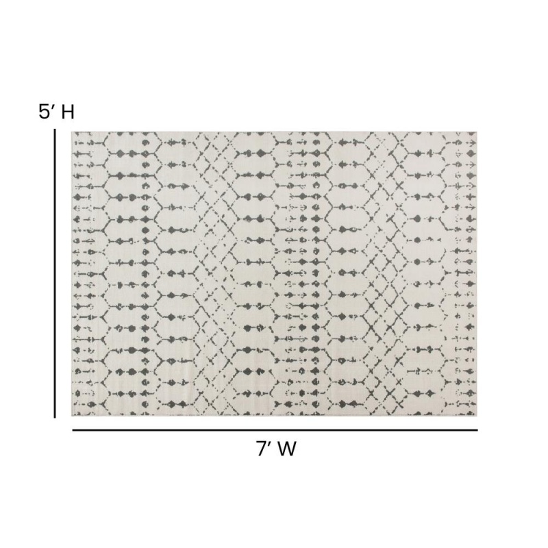 Geometric Bohemian Low Pile Rug - 5' X 7' -Ivory/Gray Polyester