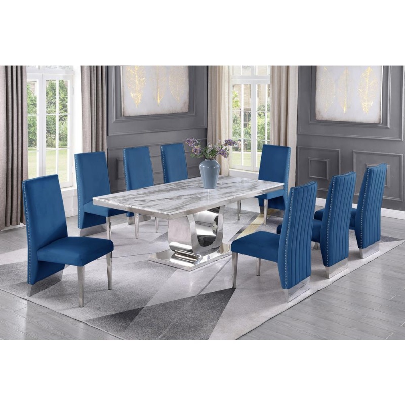 White Marble 9Pc Set Pleated Chairs In Navy Blue Velvet
