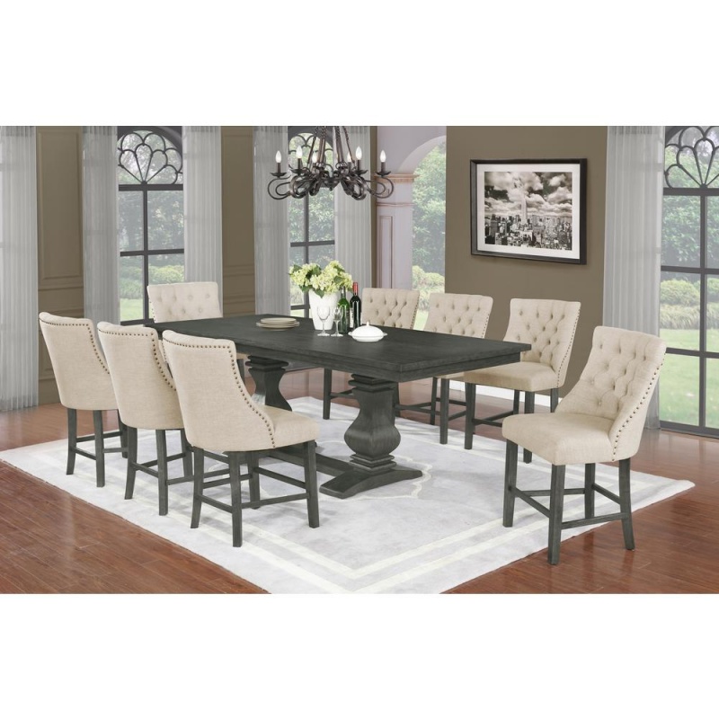 9Pc Counter Height Dining Set, Chairs In Beige, Table W/ 18" Center Leaf In Dark Grey Mahogany