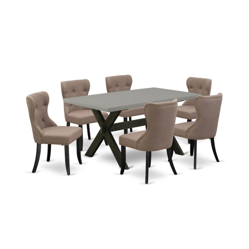 East West Furniture X696si648-7 7-Piece Kitchen Dining Set- 6 Upholstered Dining Chairs With Coffee Linen Fabric Seat And Button Tufted Chair Back - Rectangular Table Top & Wooden Cross Legs - Cement