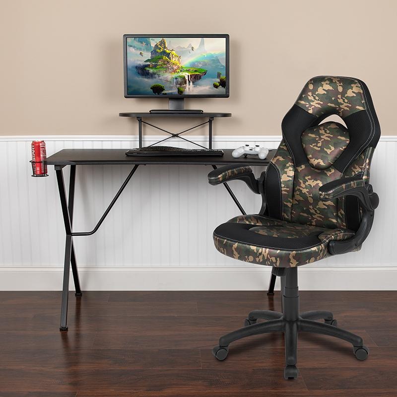 Black Gaming Desk And Camouflage/Black Racing Chair Set With Cup Holder, Headphone Hook, And Monitor/Smartphone Stand