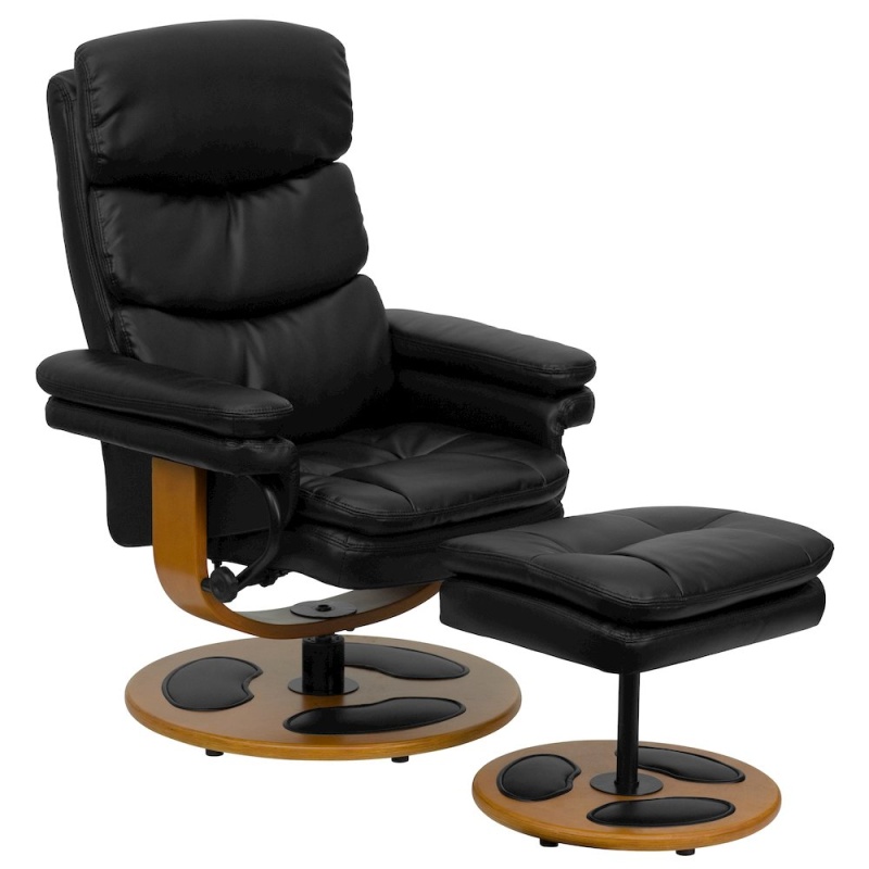 Recliner And Ottoman With Wood Base In Black Leathersoft