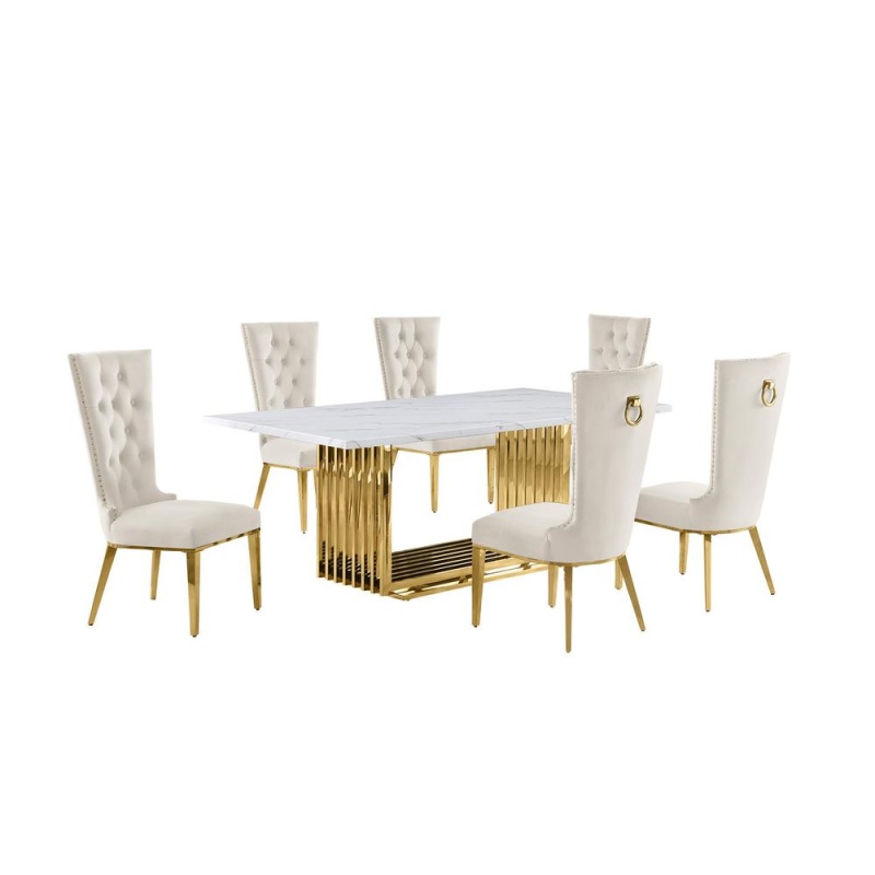 7Pc Large(79") Marble Top Dining Set With Gold Base And 6 Cream Side Chairs