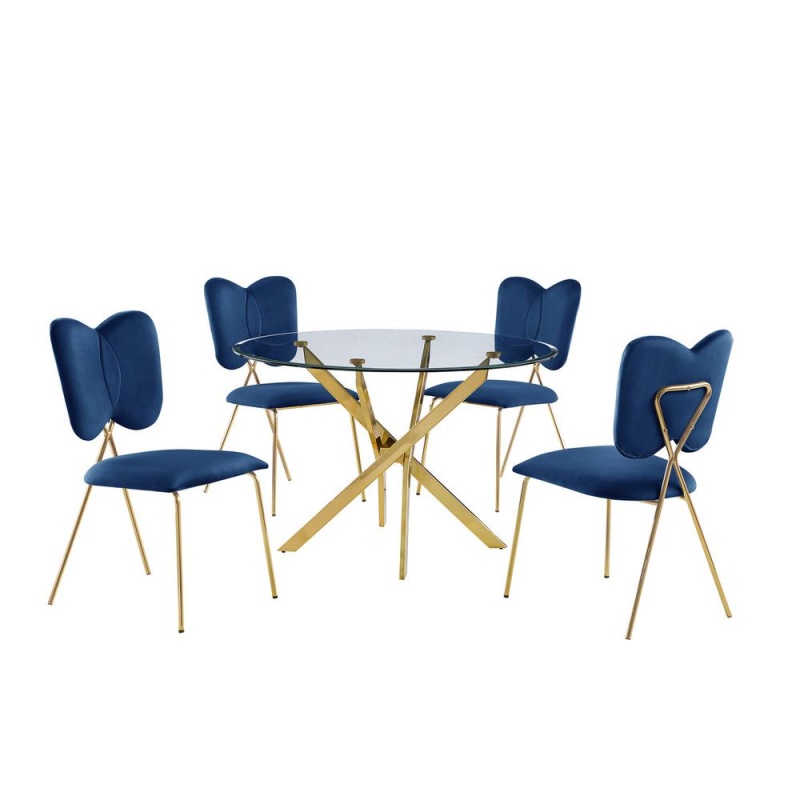 5Pc Dining Set- Round Tempered Glass Dining Table With 4 Navy Blue Velvet Chairs