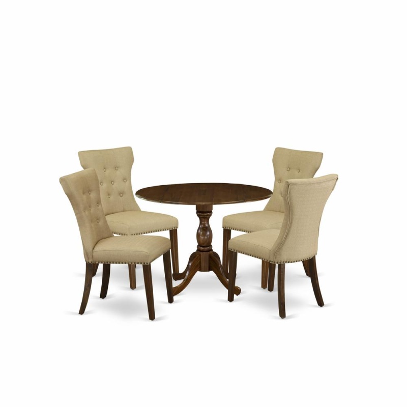 East West Furniture 5 Piece Wood Dining Table Set Contains 1 Drop Leaves Dining Table And 4 Brown Linen Fabric Kitchen Chair Button Tufted Back With Nail Heads - Acacia Walnut Finish