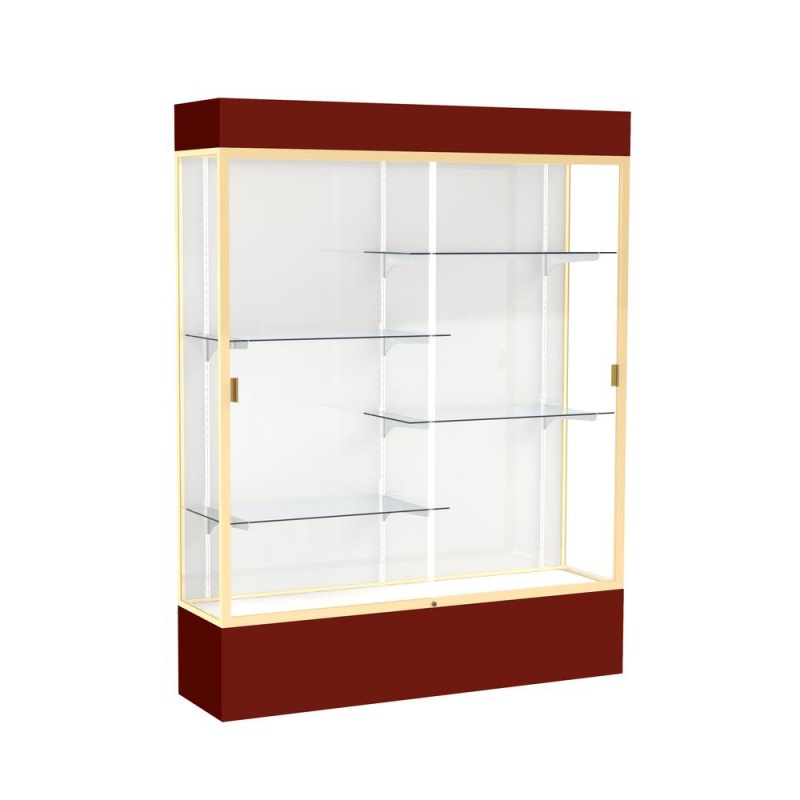 Spirit 60"W X 80"H X 16"D Lighted Floor Case, White Back, Champagne Finish, Maroon Base And Top