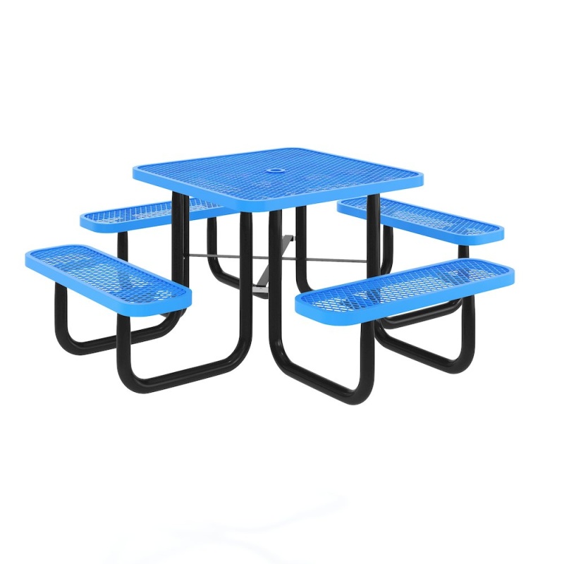 46" Square Outdoor Picnic Table With Expanded Metal Mesh Top And Seats, Blue