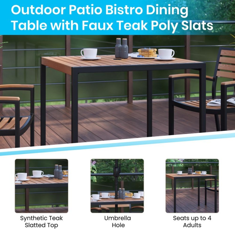 5 Piece Patio Table Set - Synthetic Teak Poly Slats - 35" Square Steel Framed Table With 4 Stackable Faux Teak Chairs