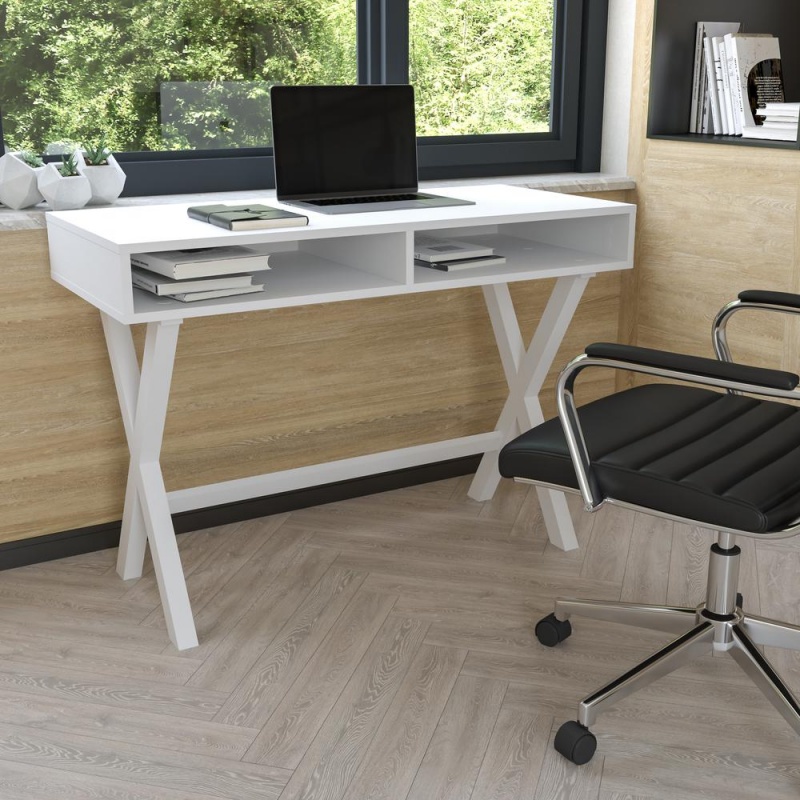 Home Office Writing Computer Desk With Open Storage Compartments - Bedroom Desk For Writing And Work, White