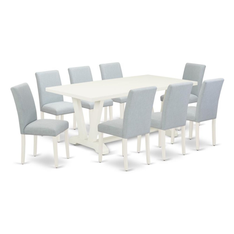 East West Furniture 9-Piece Dining Room Table Set Includes 8 Dining Chairs With Upholstered Seat And High Back And A Rectangular Dining Room Table - Linen White Finish